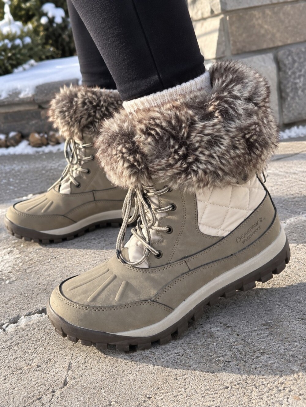 BEARPAW Becka Waterproof Winter Snow Boots Stone Faux Fur Women’s Size 9